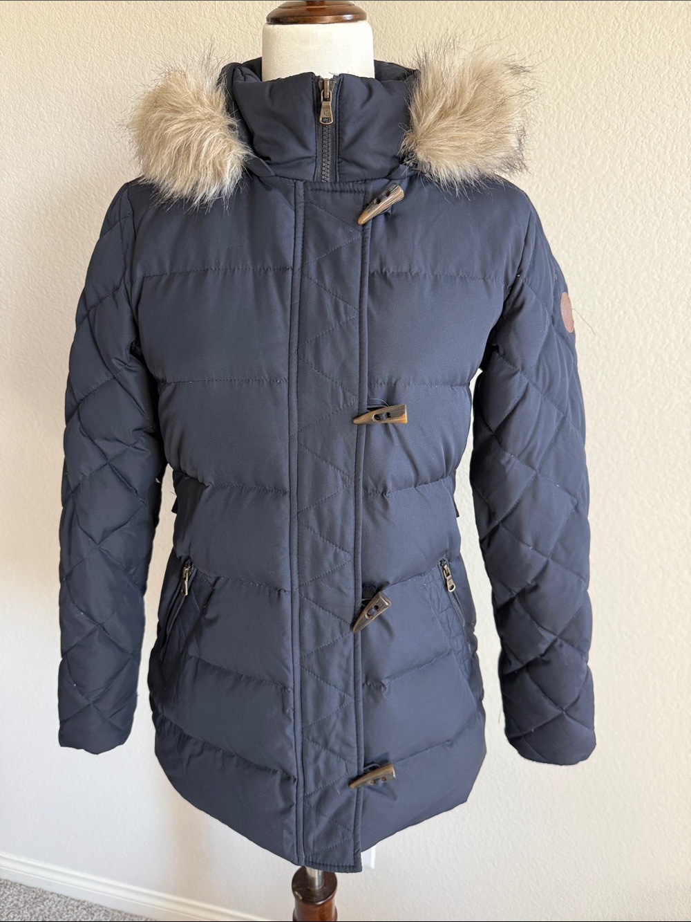 Lauren Ralph Lauren Black Quilted Toggle Puffer Coat with Faux Fur- Petite XS